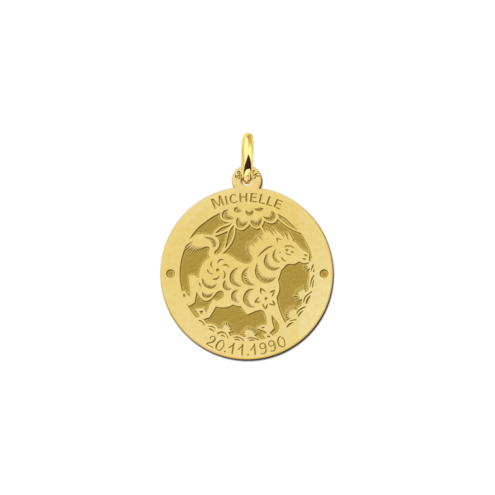 Gold round chinese zodiac pendant horse