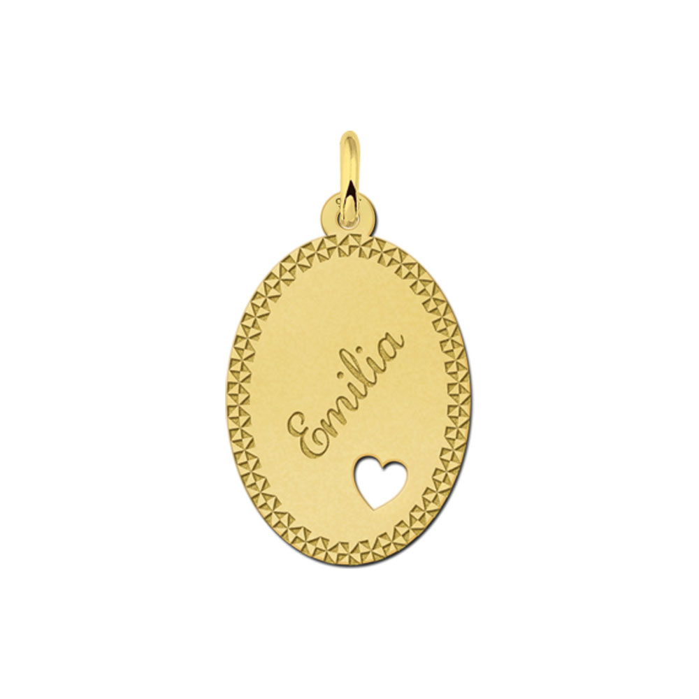 Gold-plated oval pendant with decorative border and heart