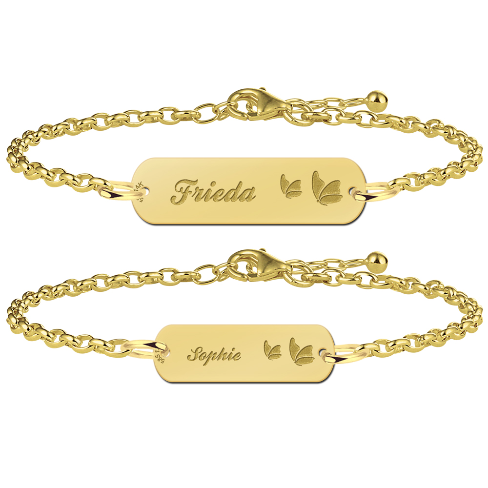 Golden mother-daughter-bracelet bar with name and butterflies