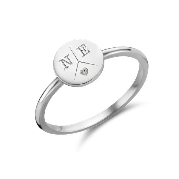Disc silver signet ring with three initial