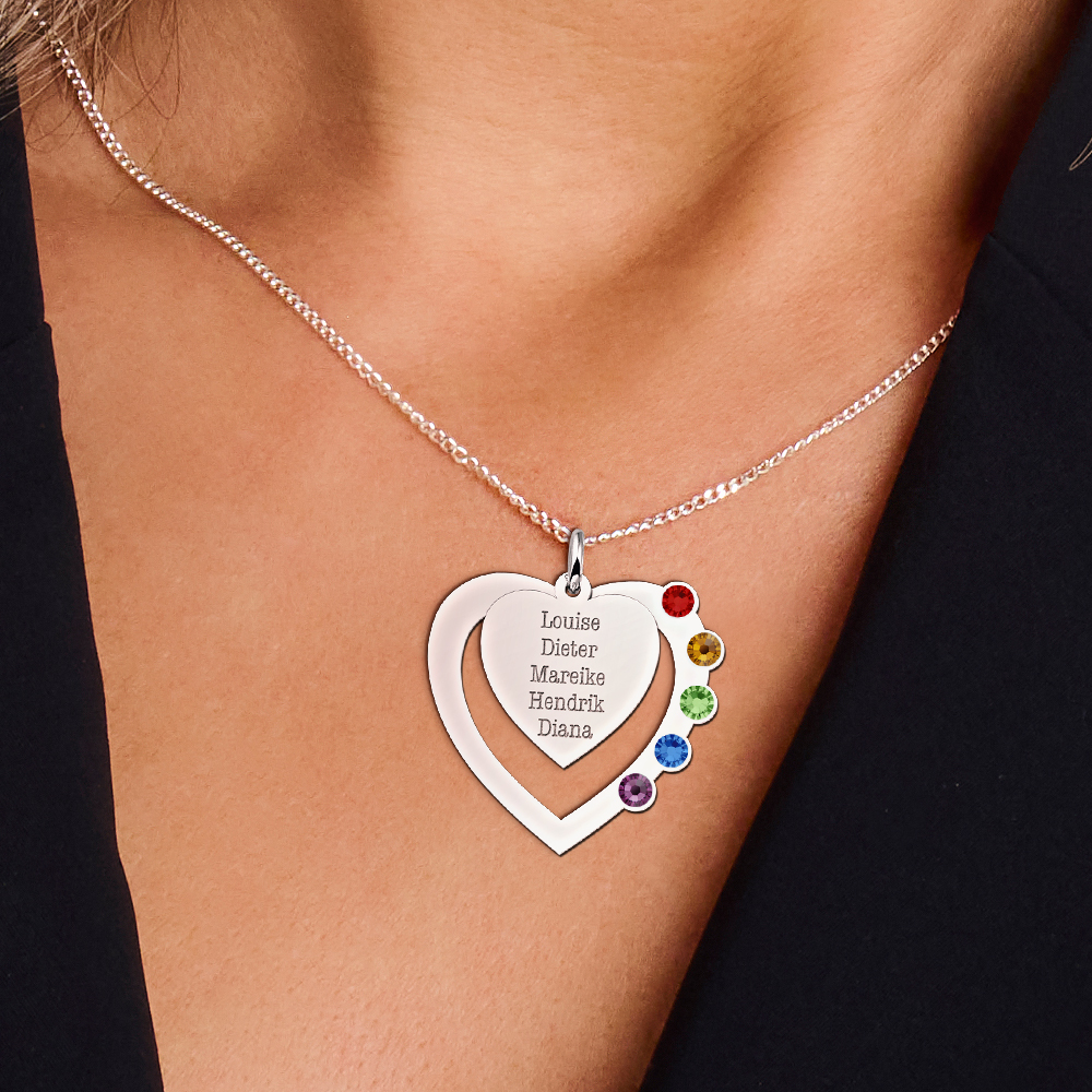 Sterling silver family heart pendant with names and birthstones