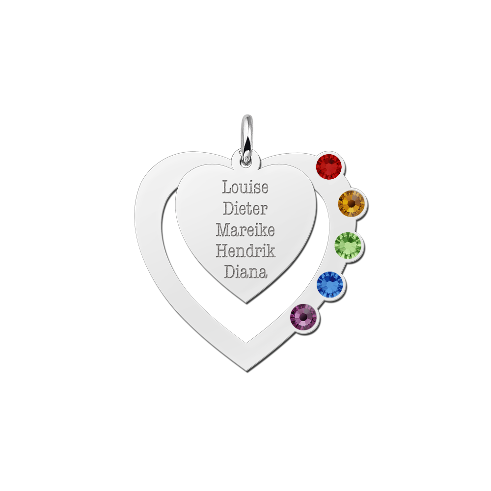 Sterling silver family heart pendant with names and birthstones