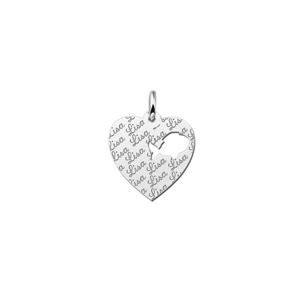 Sterling Silver Heart Necklace, Repeatedly Engraved, with Fish