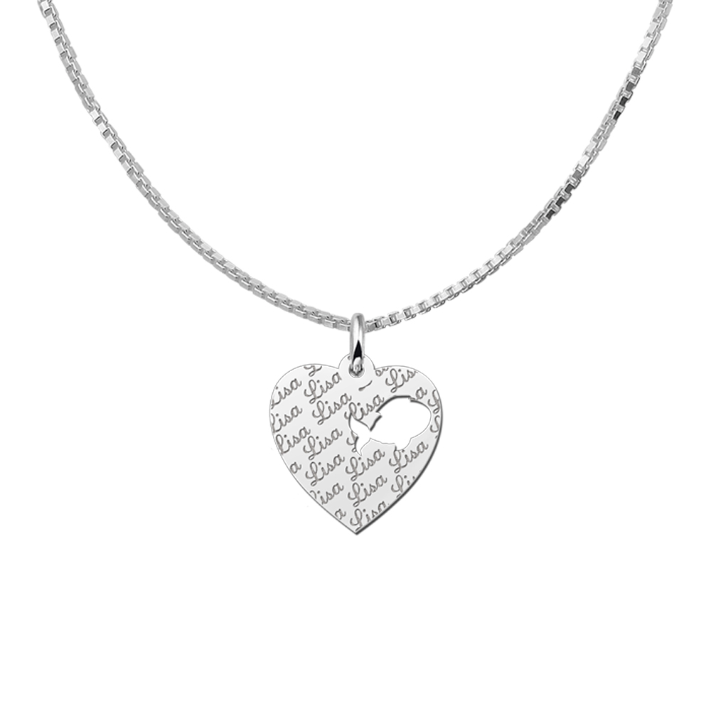 Sterling Silver Heart Necklace, Repeatedly Engraved, with Fish