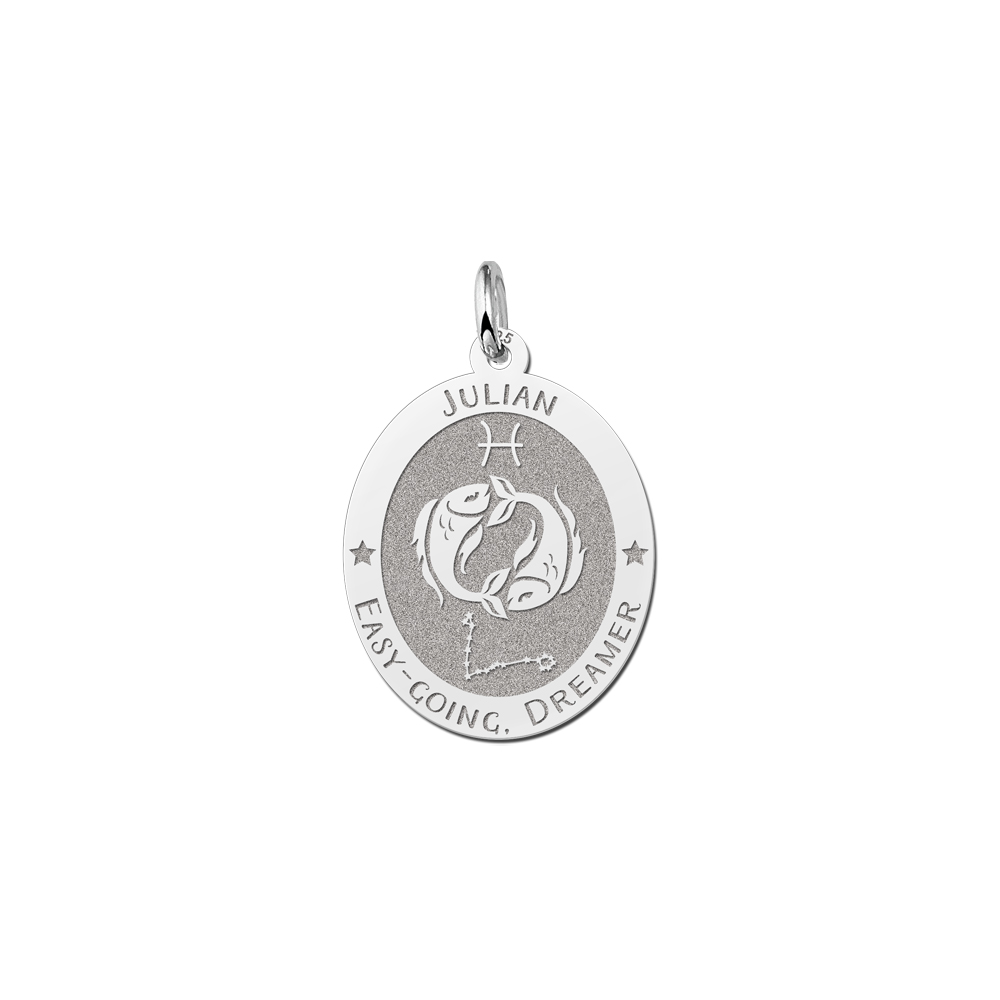 Silver Oval Zodiac Pendant Pisces with Name Engraving