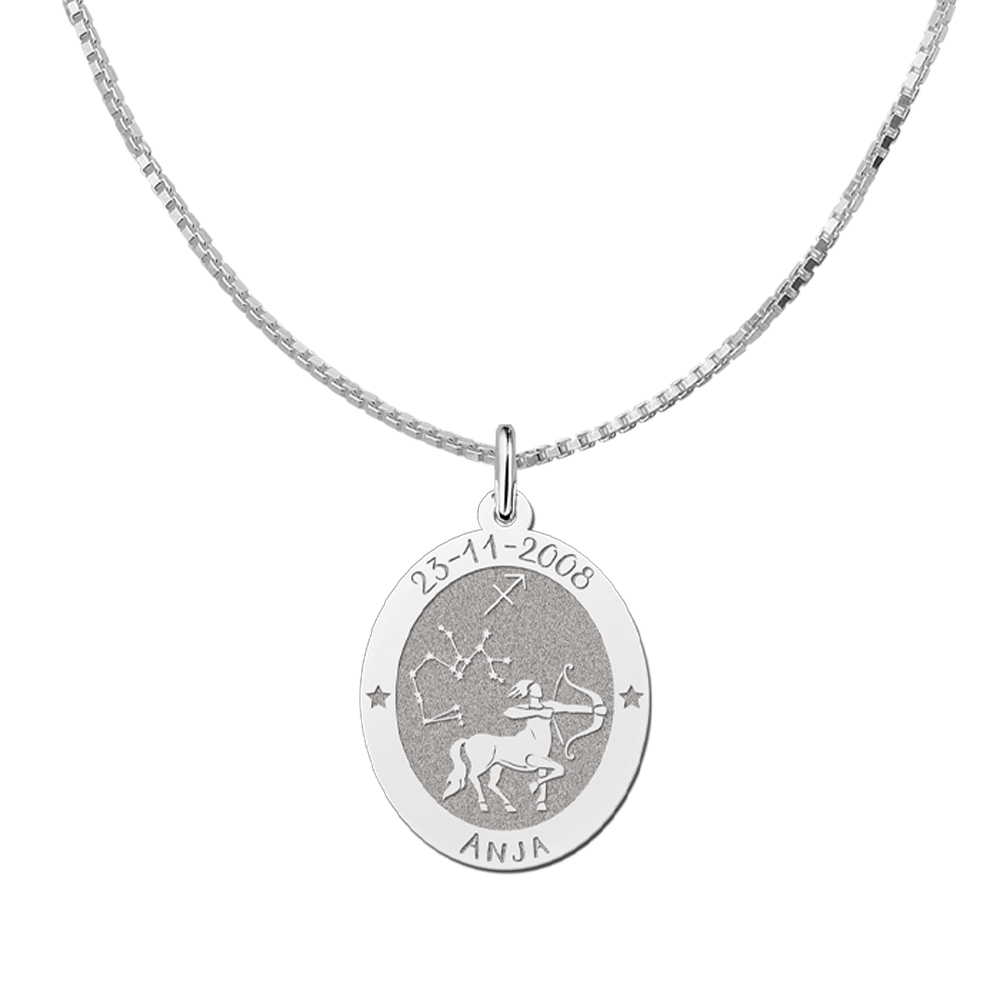 Silver Oval Zodiac Pendant Pisces with Name Engraving