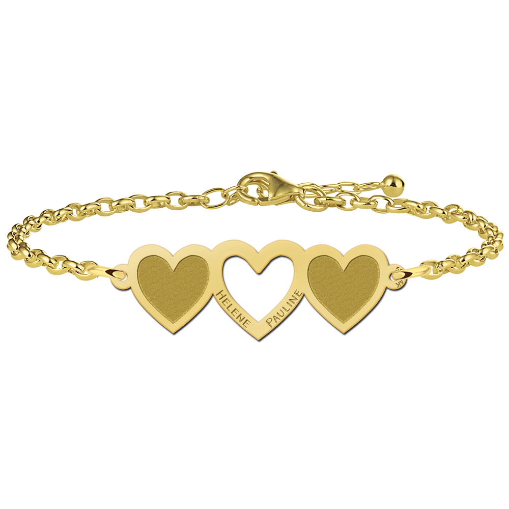 Gold bracelet with three hearts and engraving