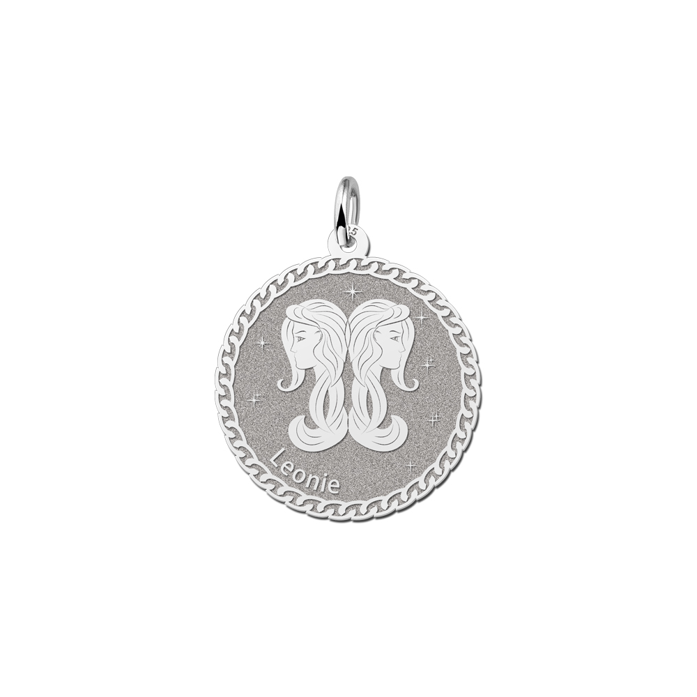 Silver Round Zodiac Pendant Gemini with Name Engraving