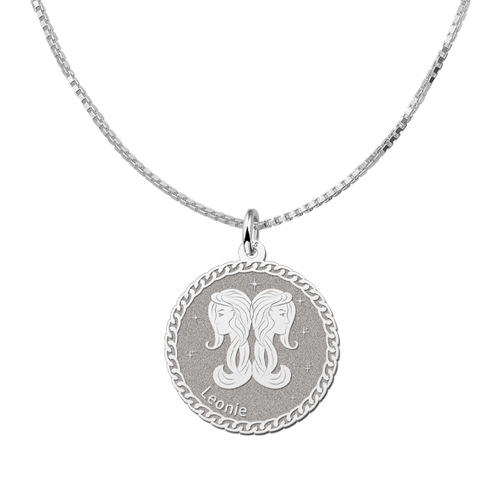 Silver Round Zodiac Pendant Gemini with Name Engraving