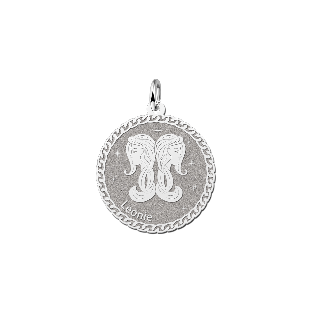 Silver round zodiac pendant Gemini