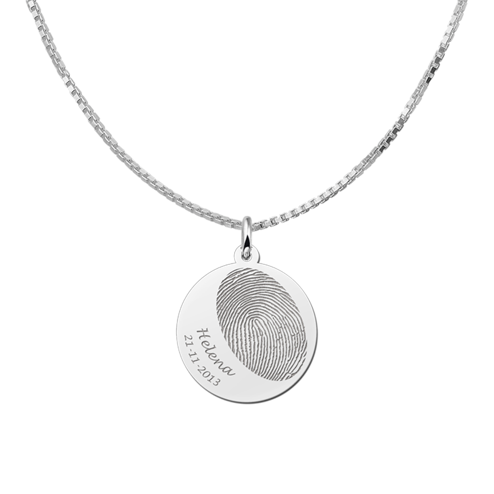 Silver fingerprint pendant round with name and date