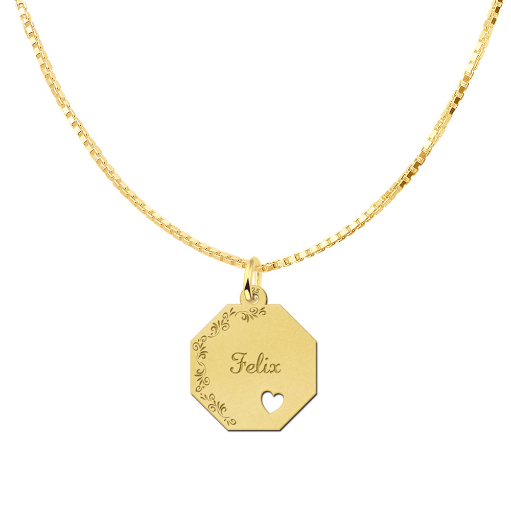 Octagonal gold-plated pendant with floral border, name and heart