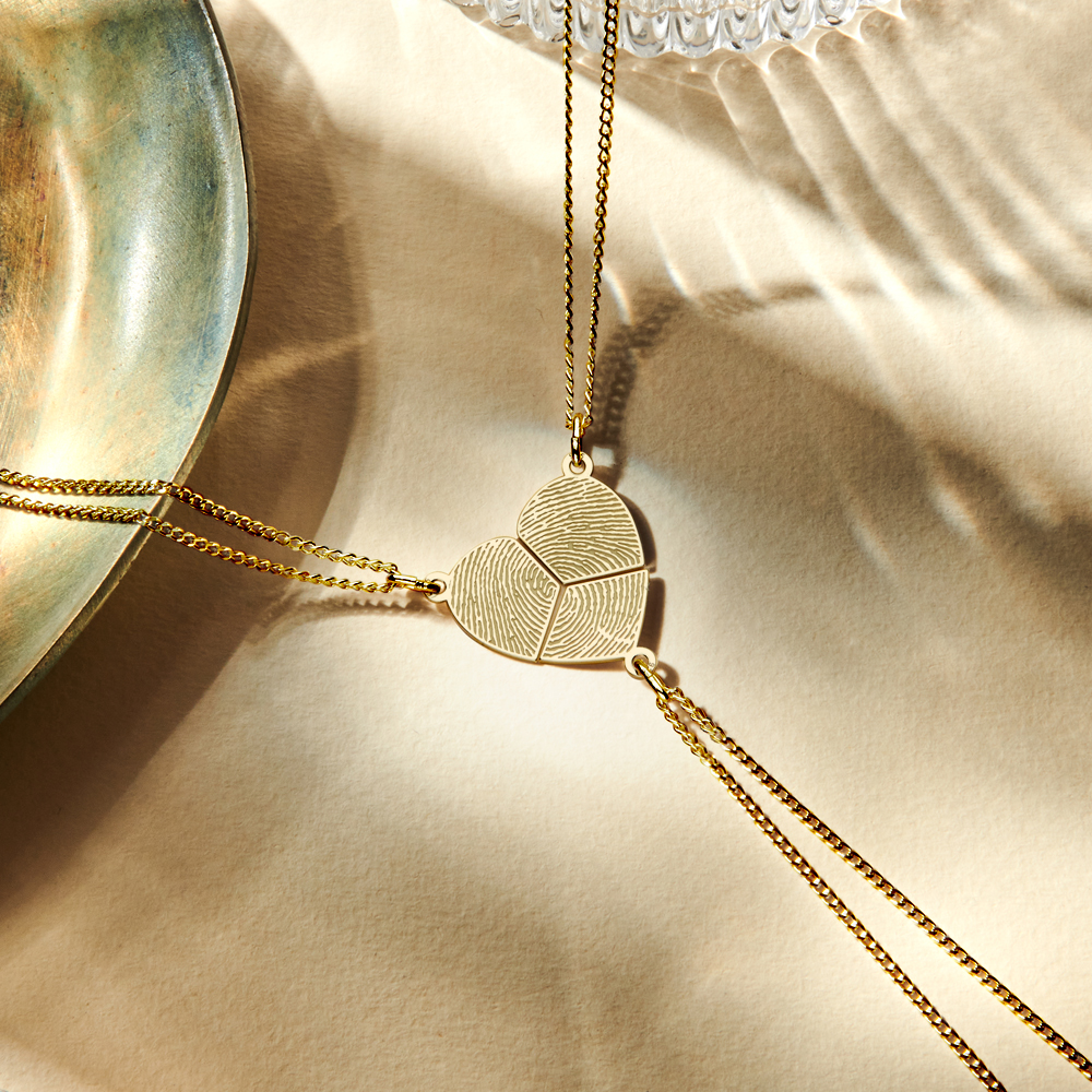 Golden three-piece jewelry pendant heart with fingerprint