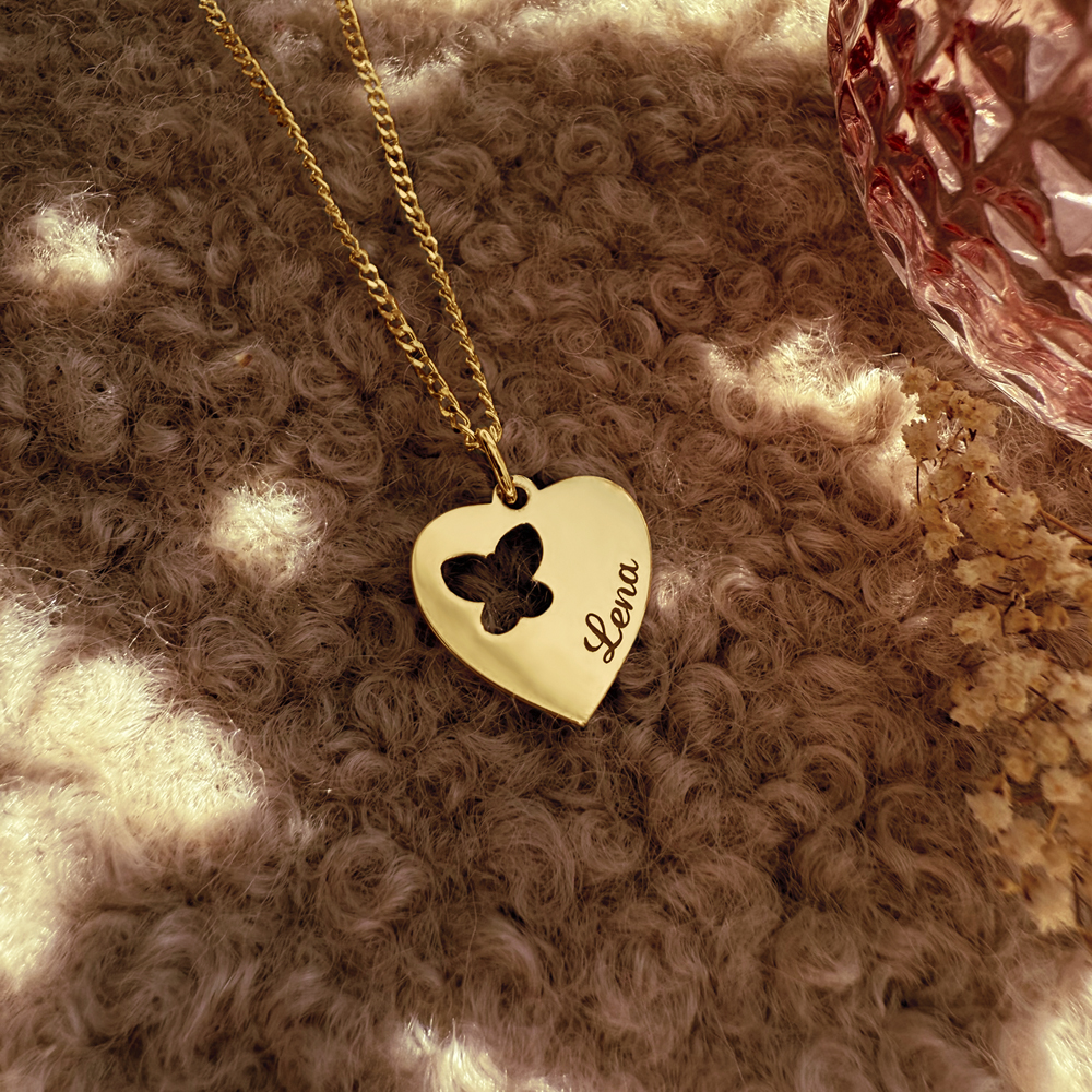 Engraved Gold Heart Necklace, Butterfly with Name