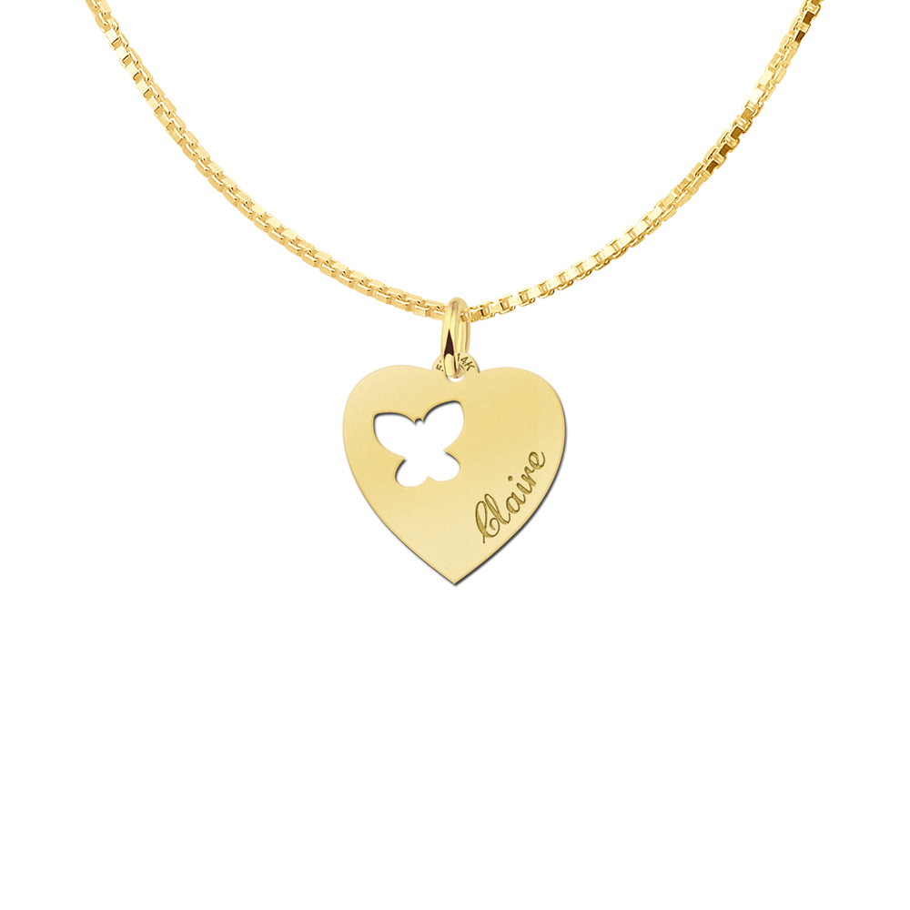 Engraved Gold Heart Necklace, Butterfly with Name
