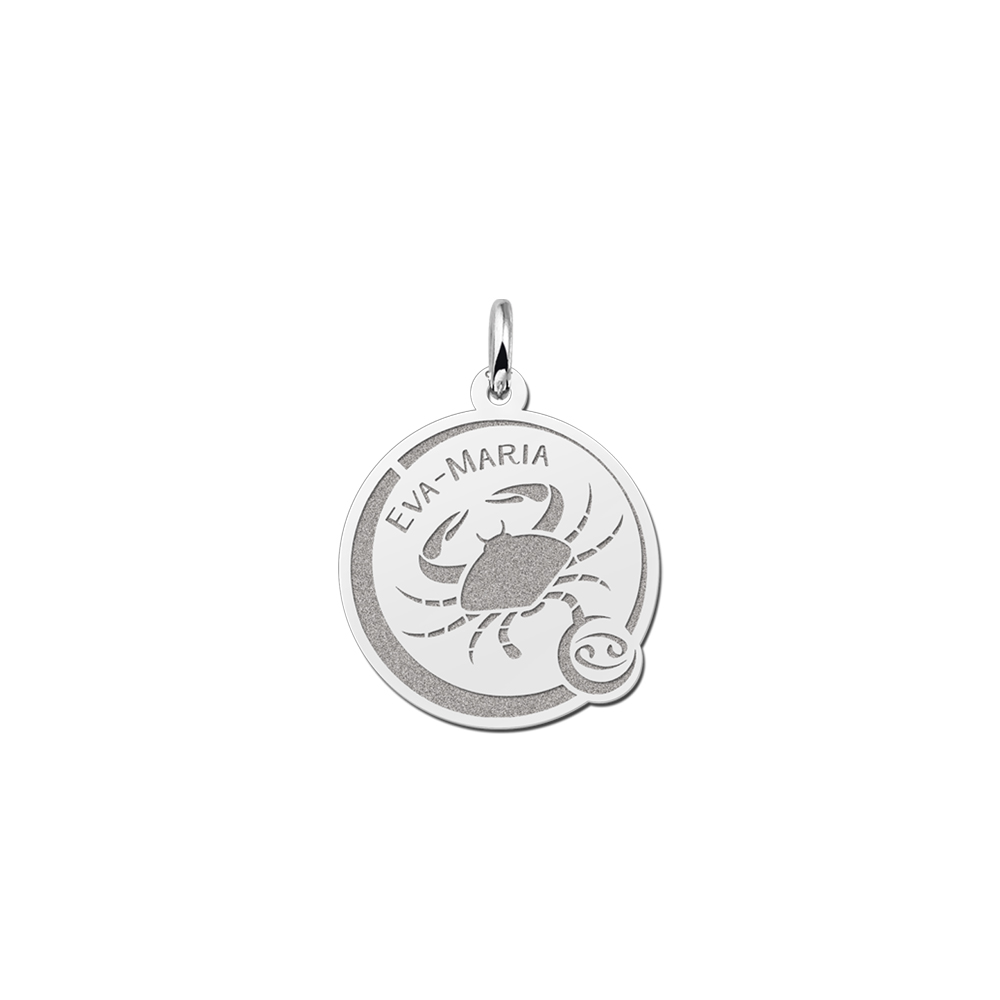 Silver Round Zodiac Pendant Cancer with Name Engraving
