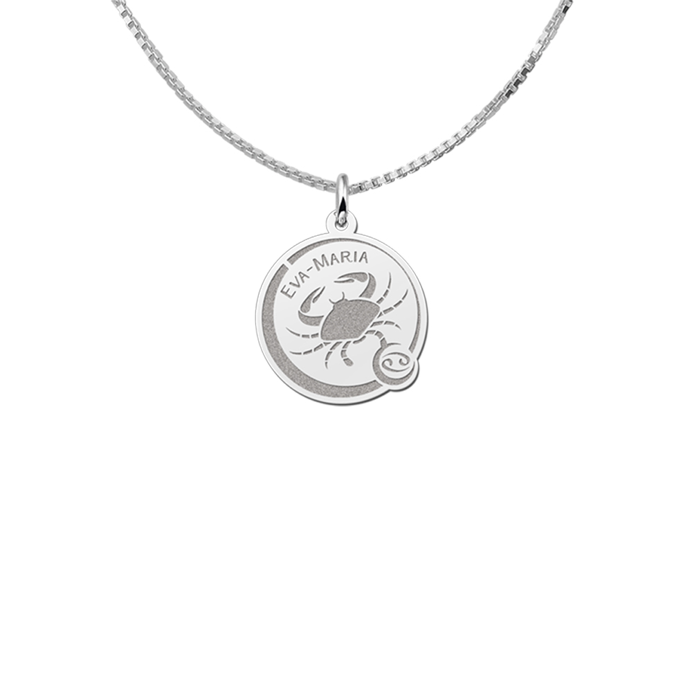 Silver Round Zodiac Pendant Cancer with Name Engraving