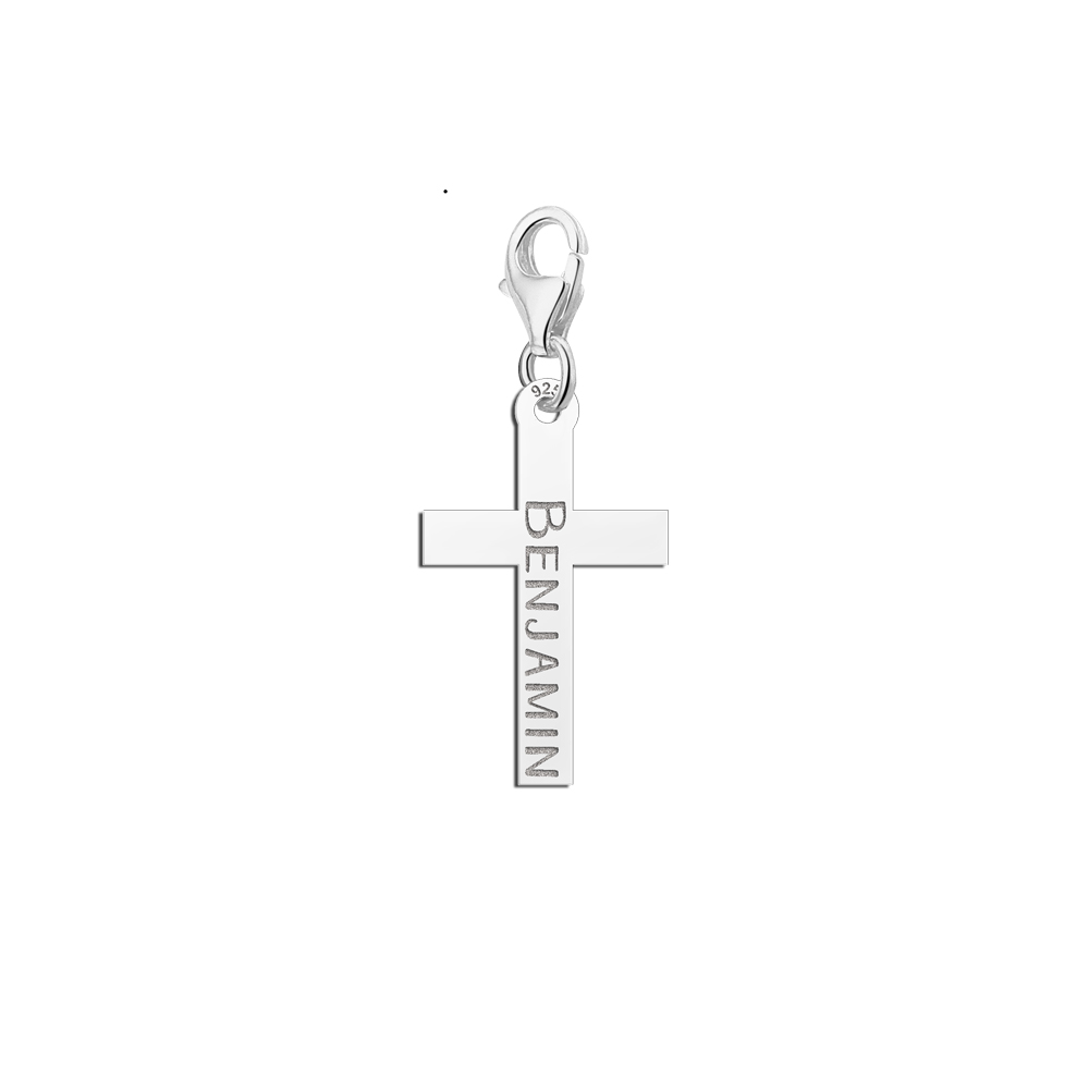 Silver cross shaped charm with name