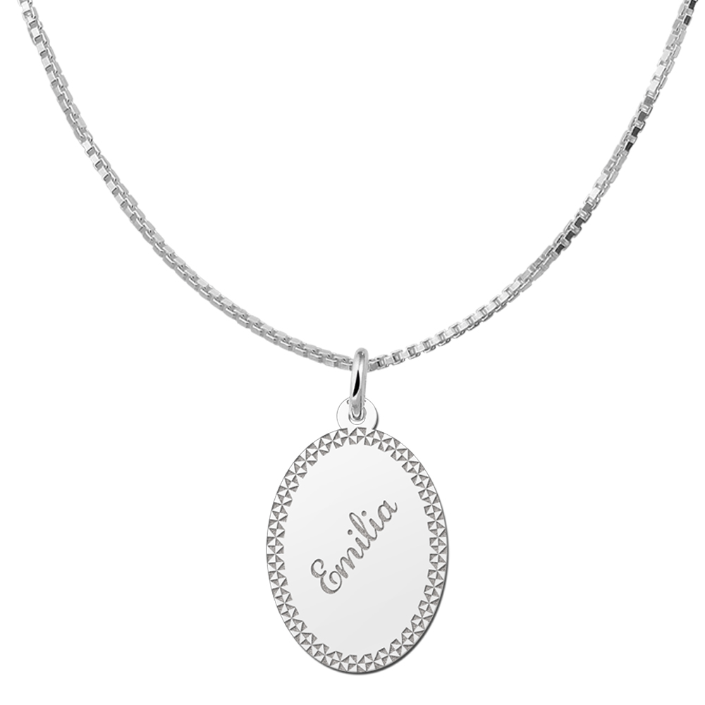 Silver oval pendant border & name