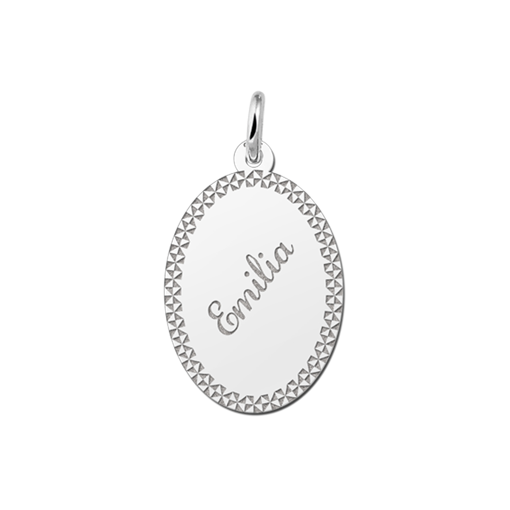 Silver oval pendant border & name