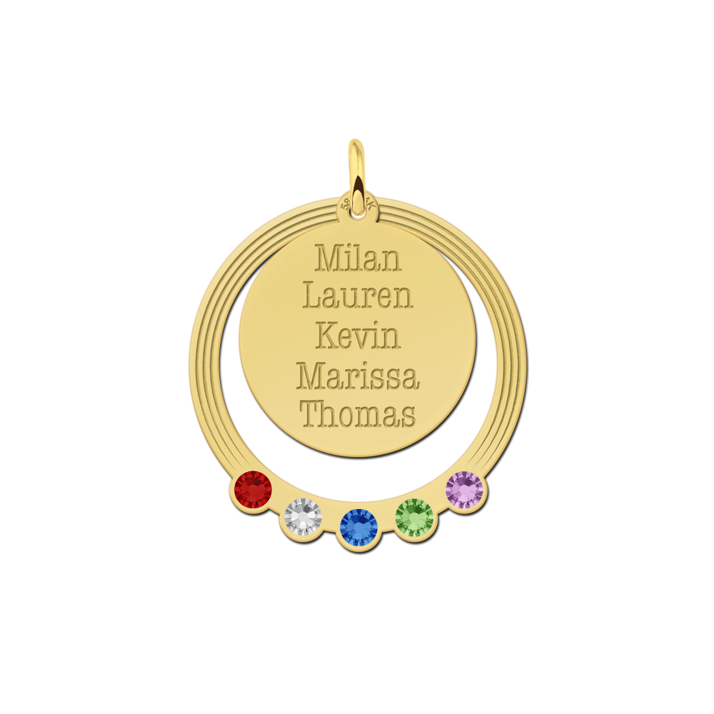 14K gold round family pendant with names and birthstones
