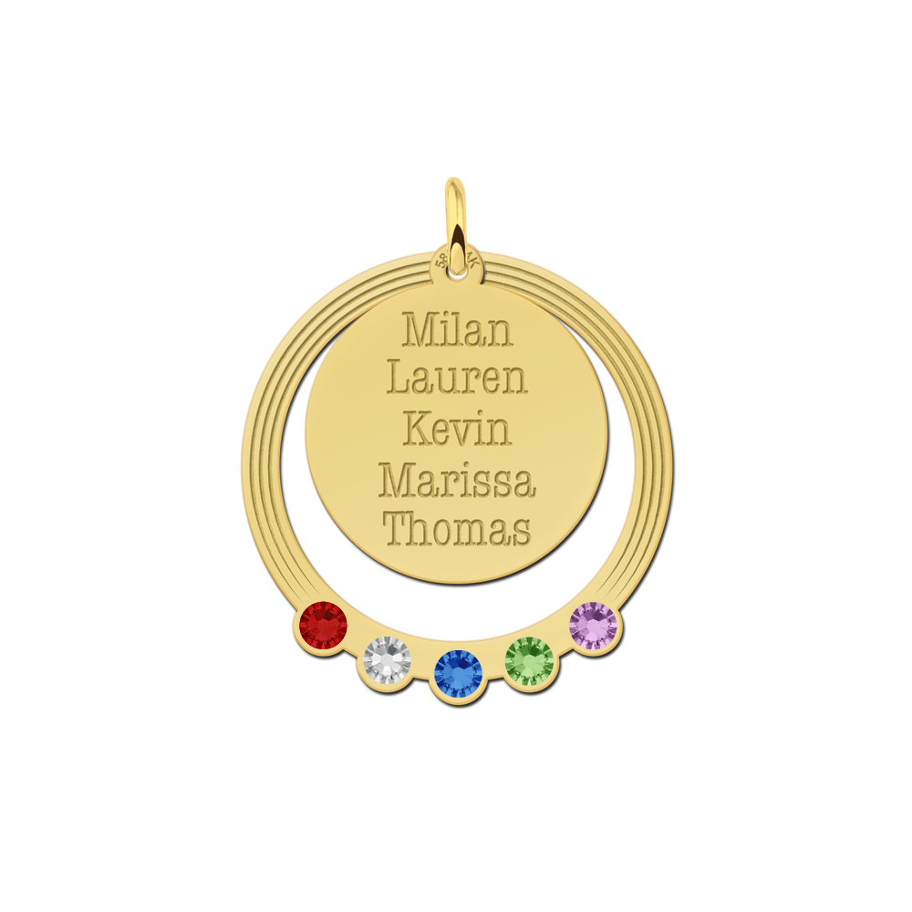 Round golden birthstone pendant with names