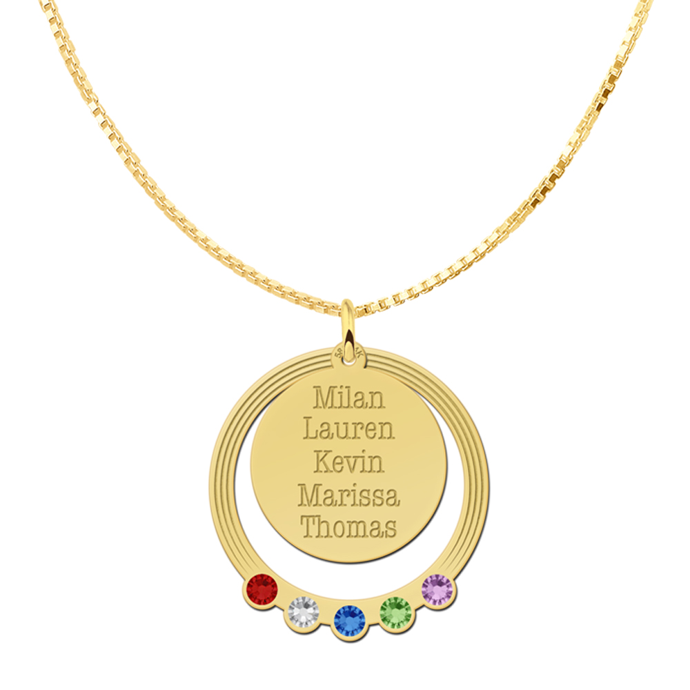 14K gold round family pendant with names and birthstones