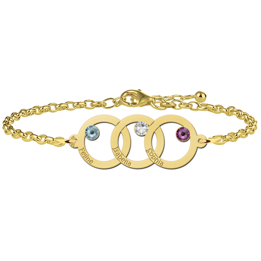 Golden mother-daughter bracelet with three circles and birthstones