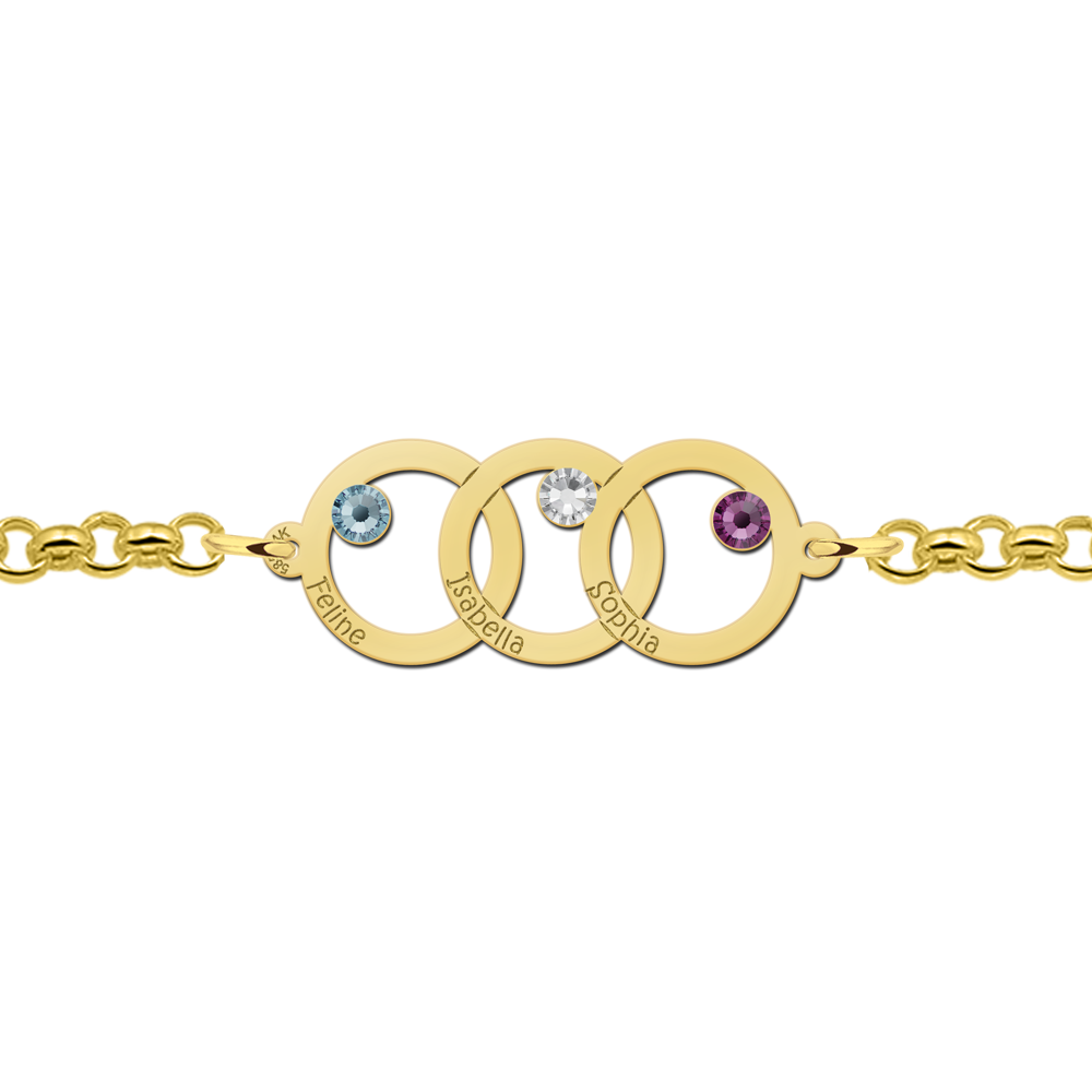 Golden mother-daughter bracelet with three circles and birthstones