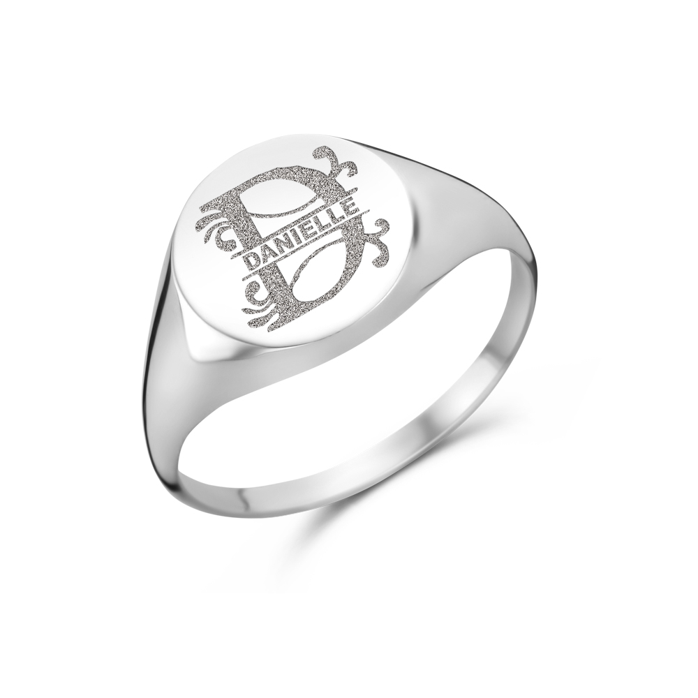 Round silver signet ring with an initial and name