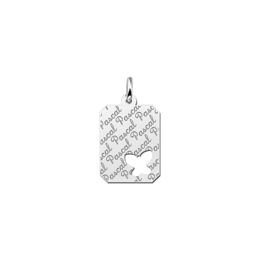 Repeatedly Engraved Silver Rectangle Nametag with Butterfly