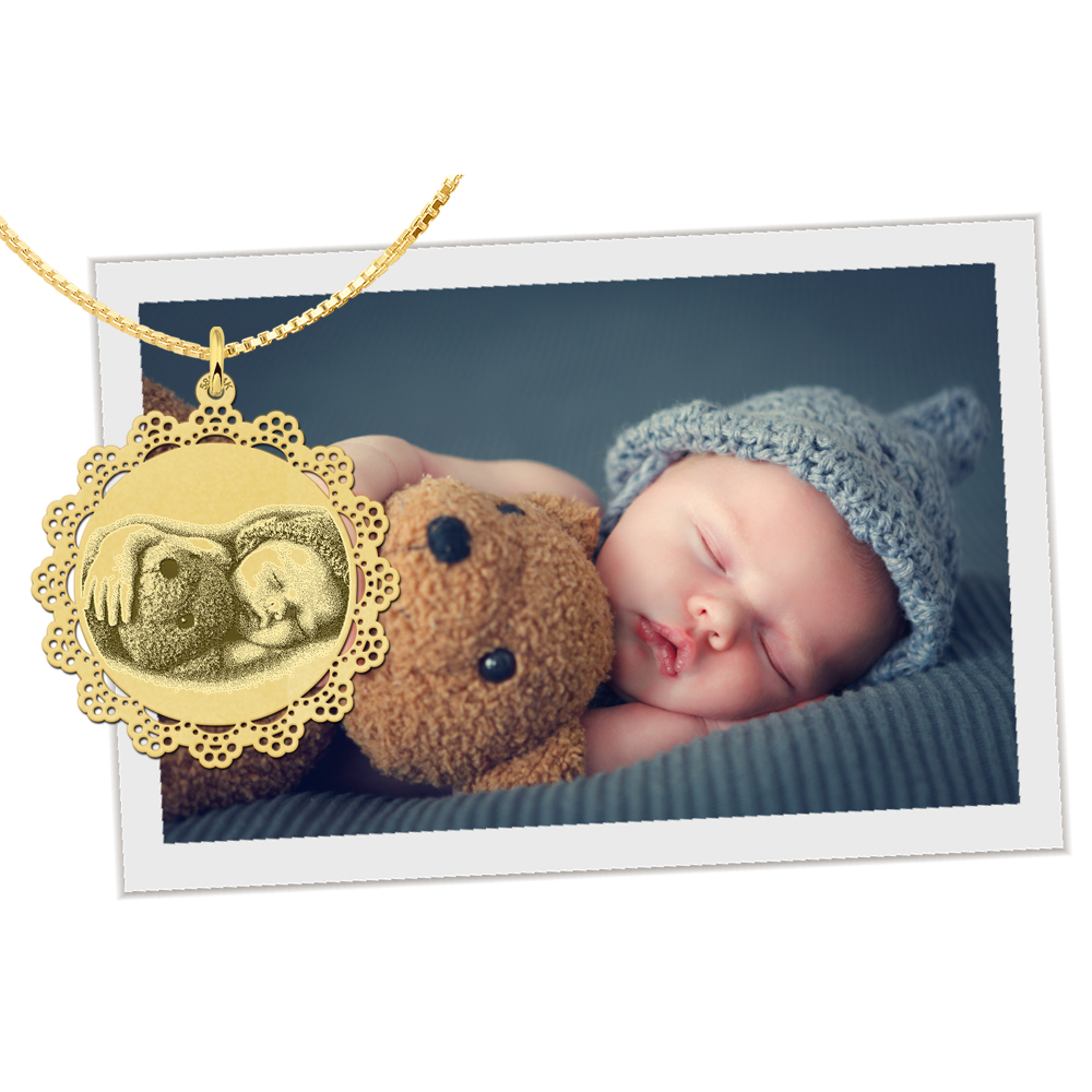 Photo pendant round snowflake gold