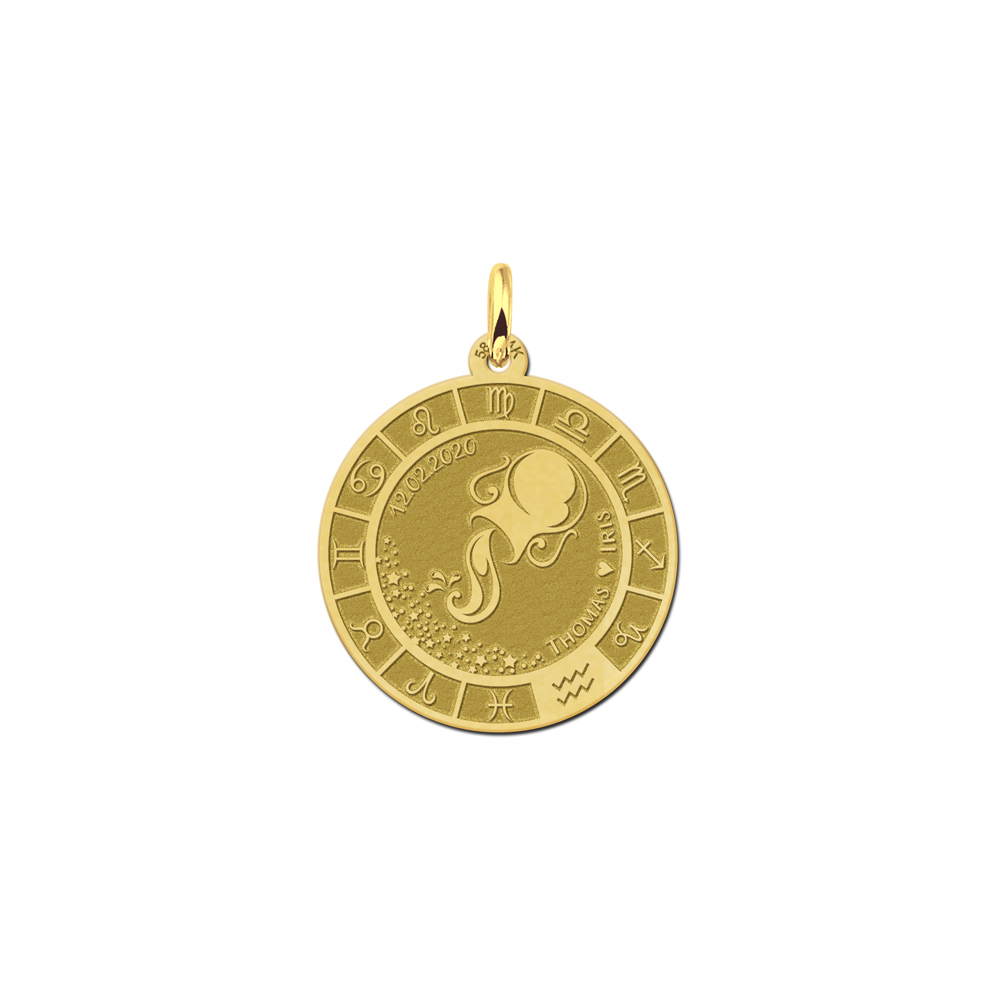Gold round pendant zodiac aquarius