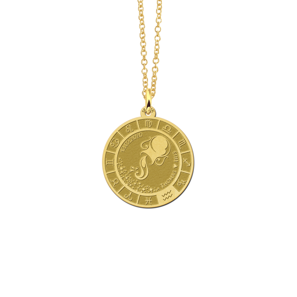 Gold round pendant zodiac aquarius