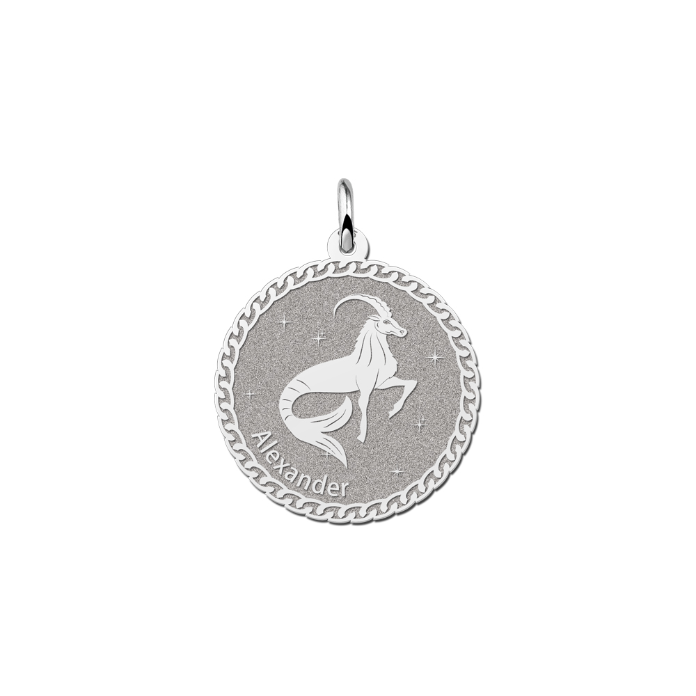 Silver Round Zodiac Pendant Capricorn with Name Engraving