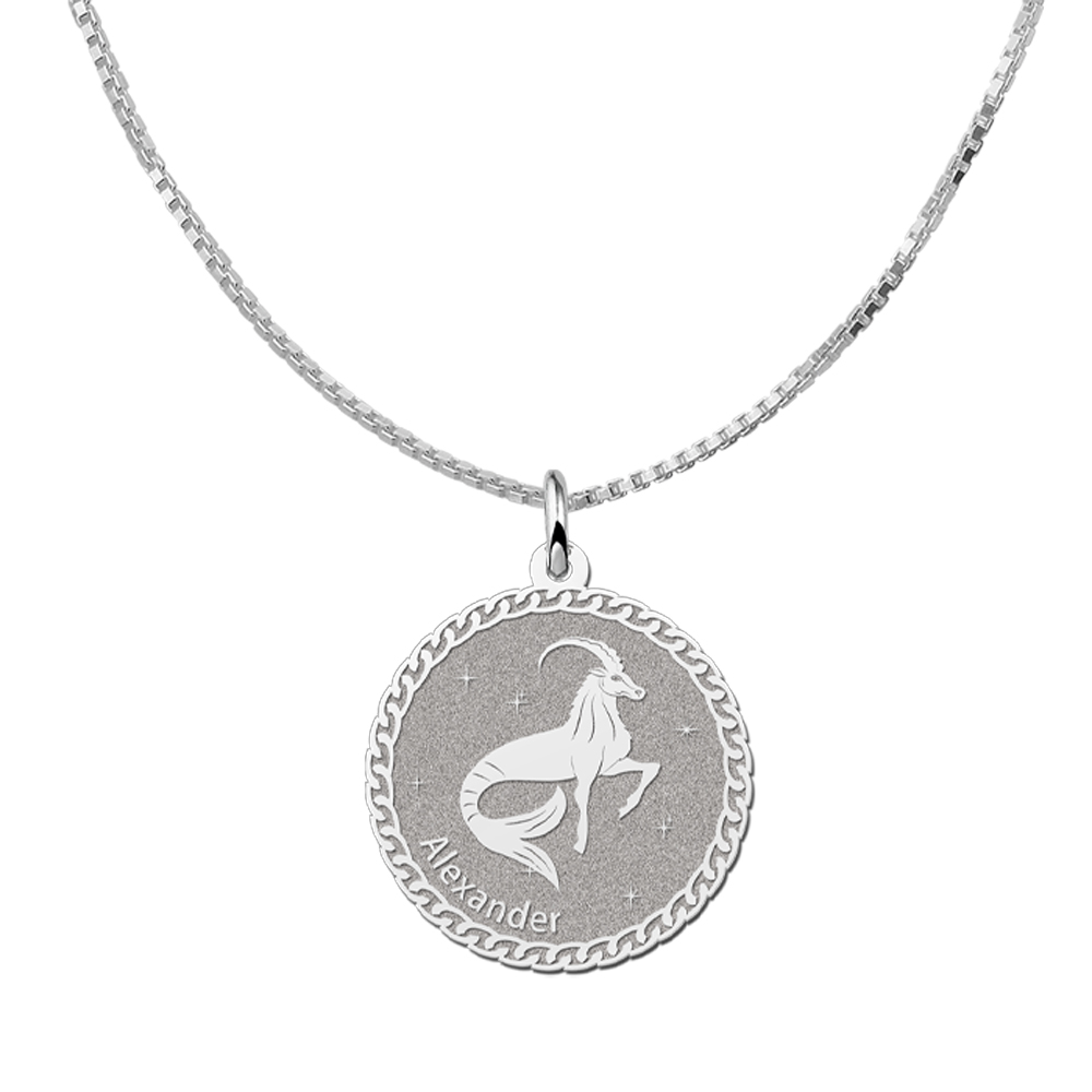 Silver Round Zodiac Pendant Capricorn with Name Engraving