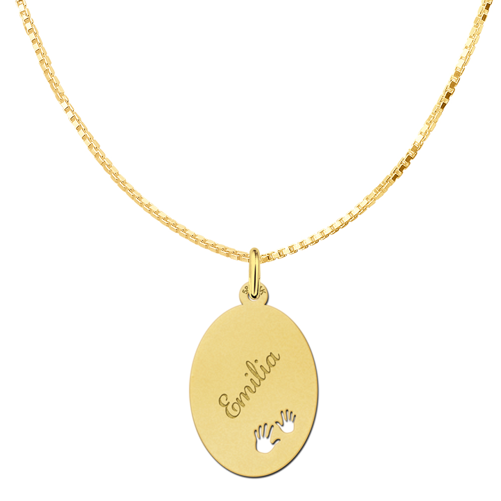 Gold Oval Pendant with Name and Hands large