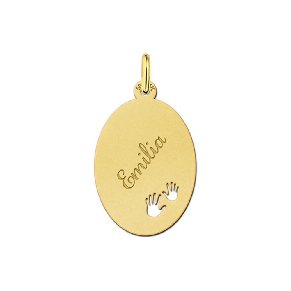 Gold Oval Pendant with Name and Hands large