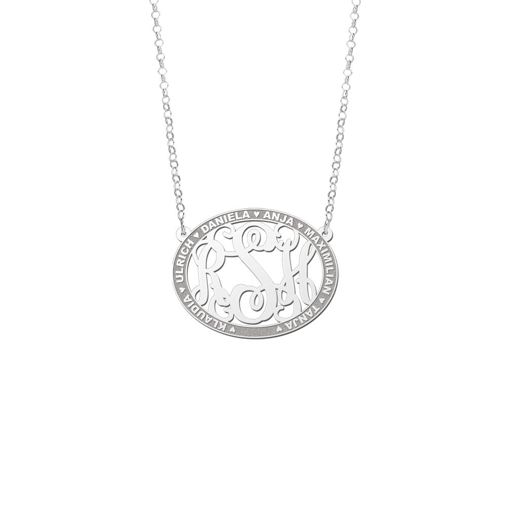 Silver Monogram Necklace with Names, Oval Medium