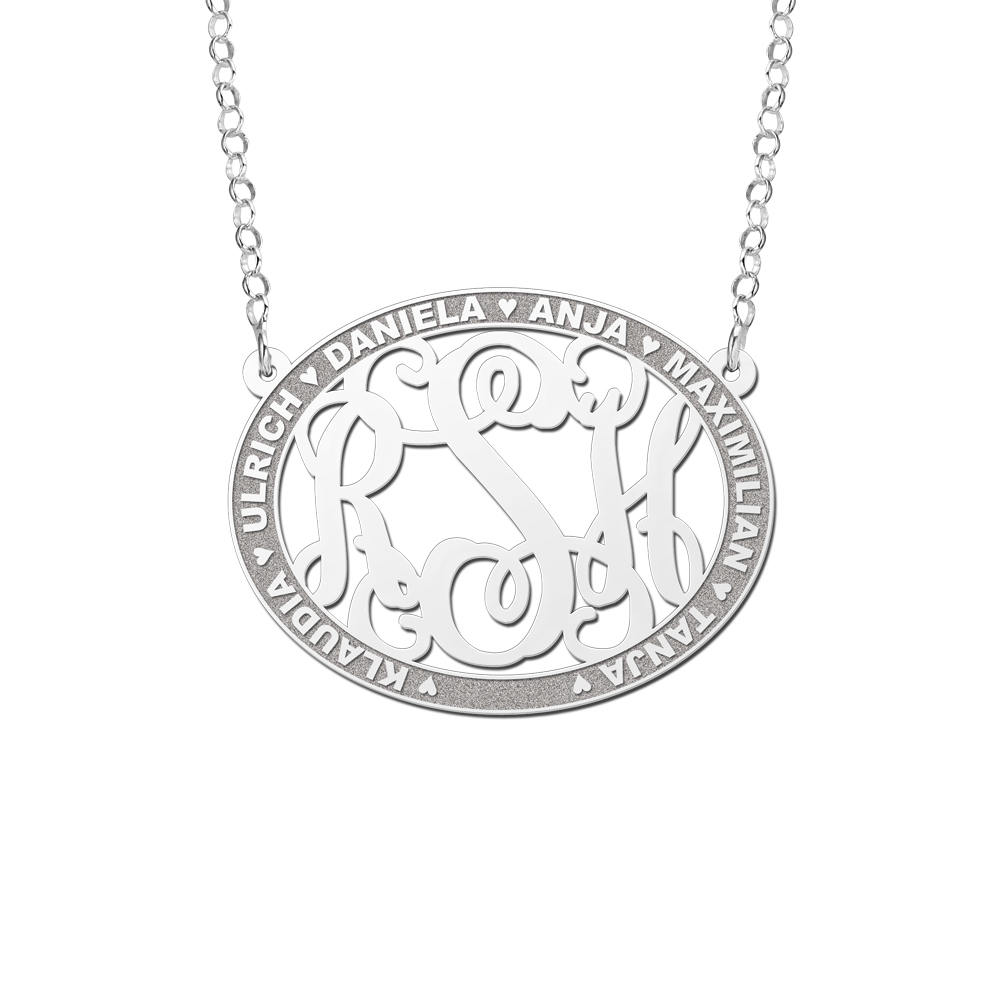 Silver Monogram Necklace with Names, Oval Medium