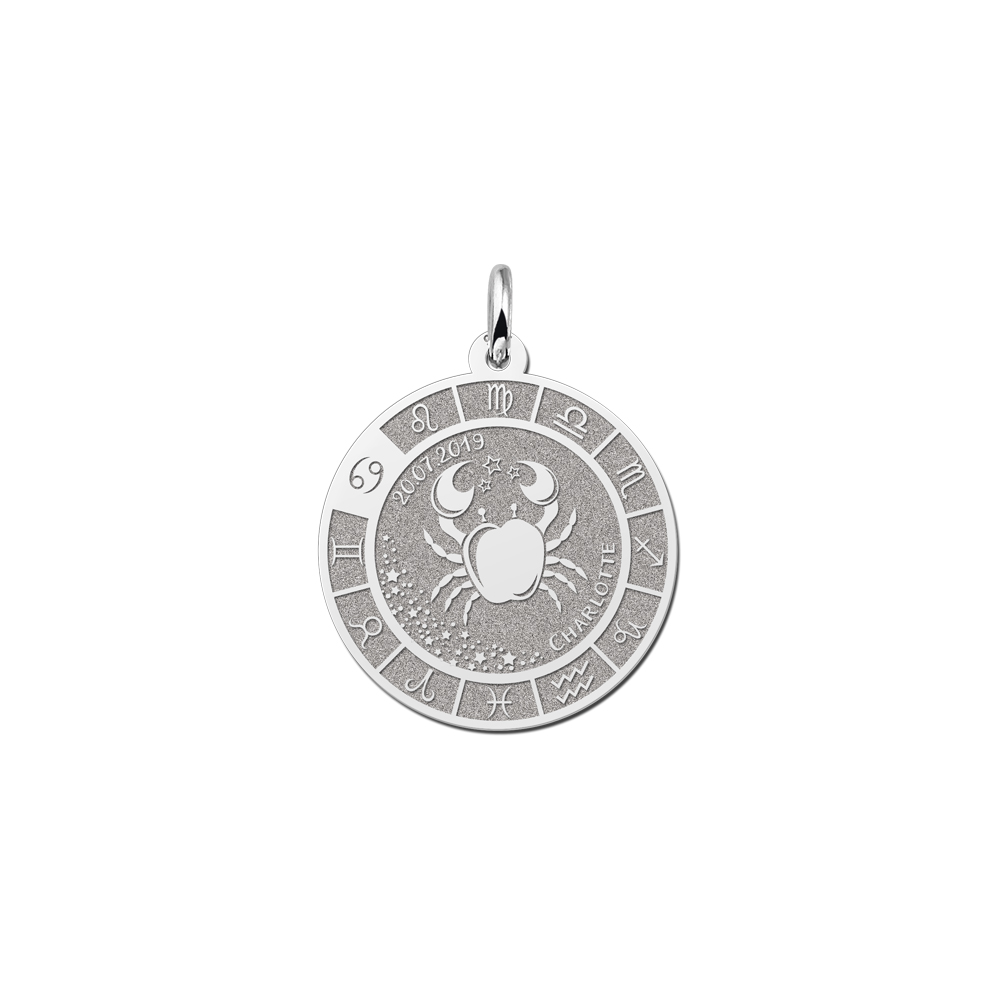 Silver Round Zodiac Pendant Cancer with Name Engraving