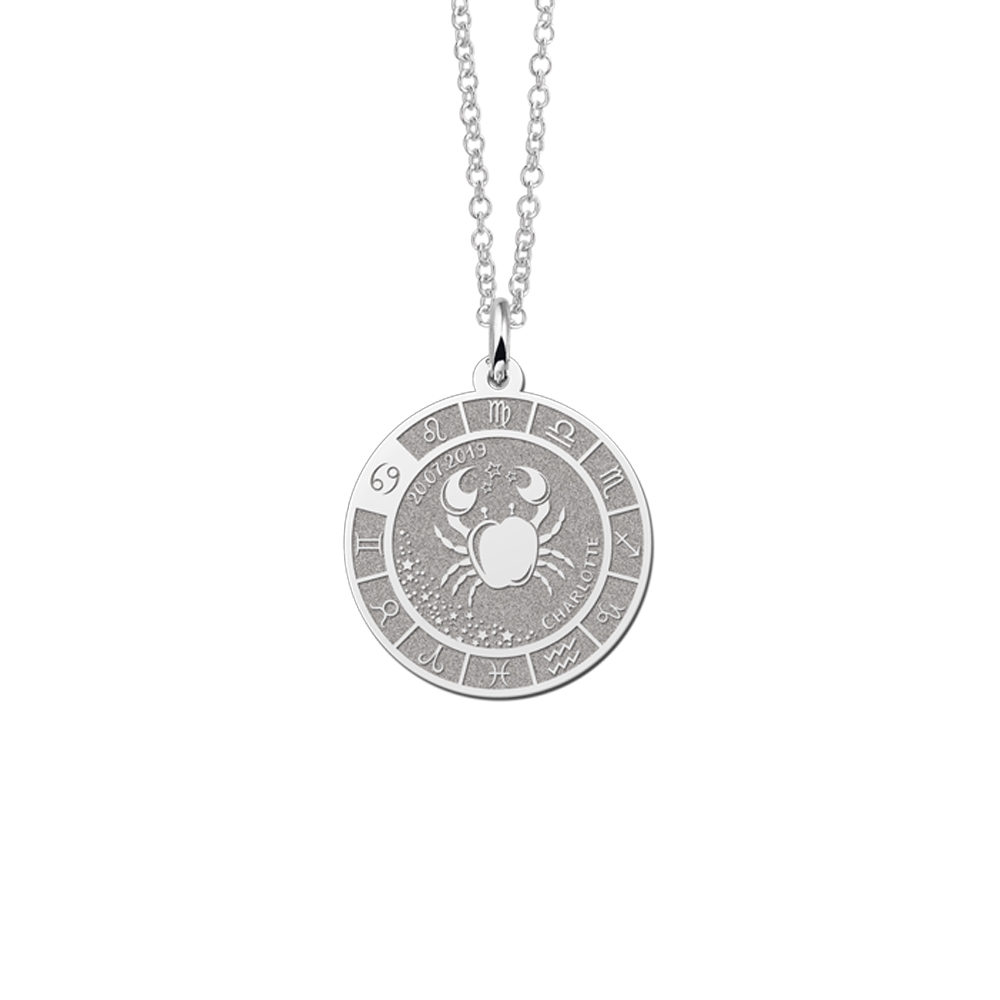 Silver Round Zodiac Pendant Cancer with Name Engraving