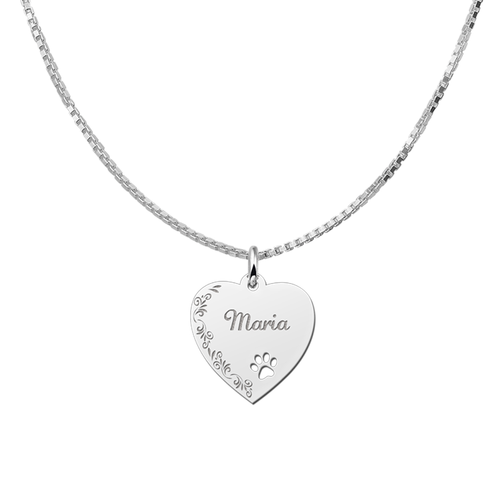 Engraved Silver Heart Necklace with Flowers and Dog Paw