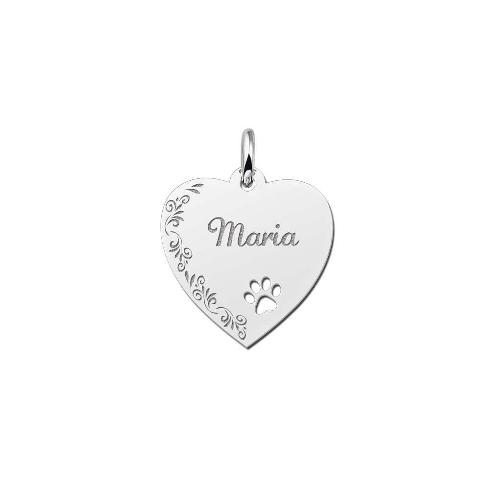 Engraved Silver Heart Necklace with Flowers and Dog Paw