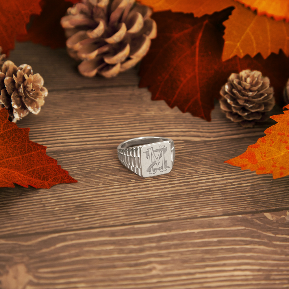 Square Rolex-style silver monogram signet ring