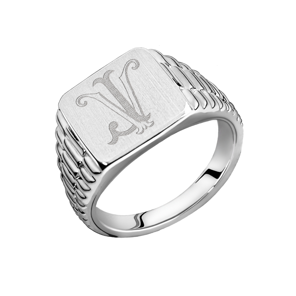 Square Rolex-style silver monogram signet ring