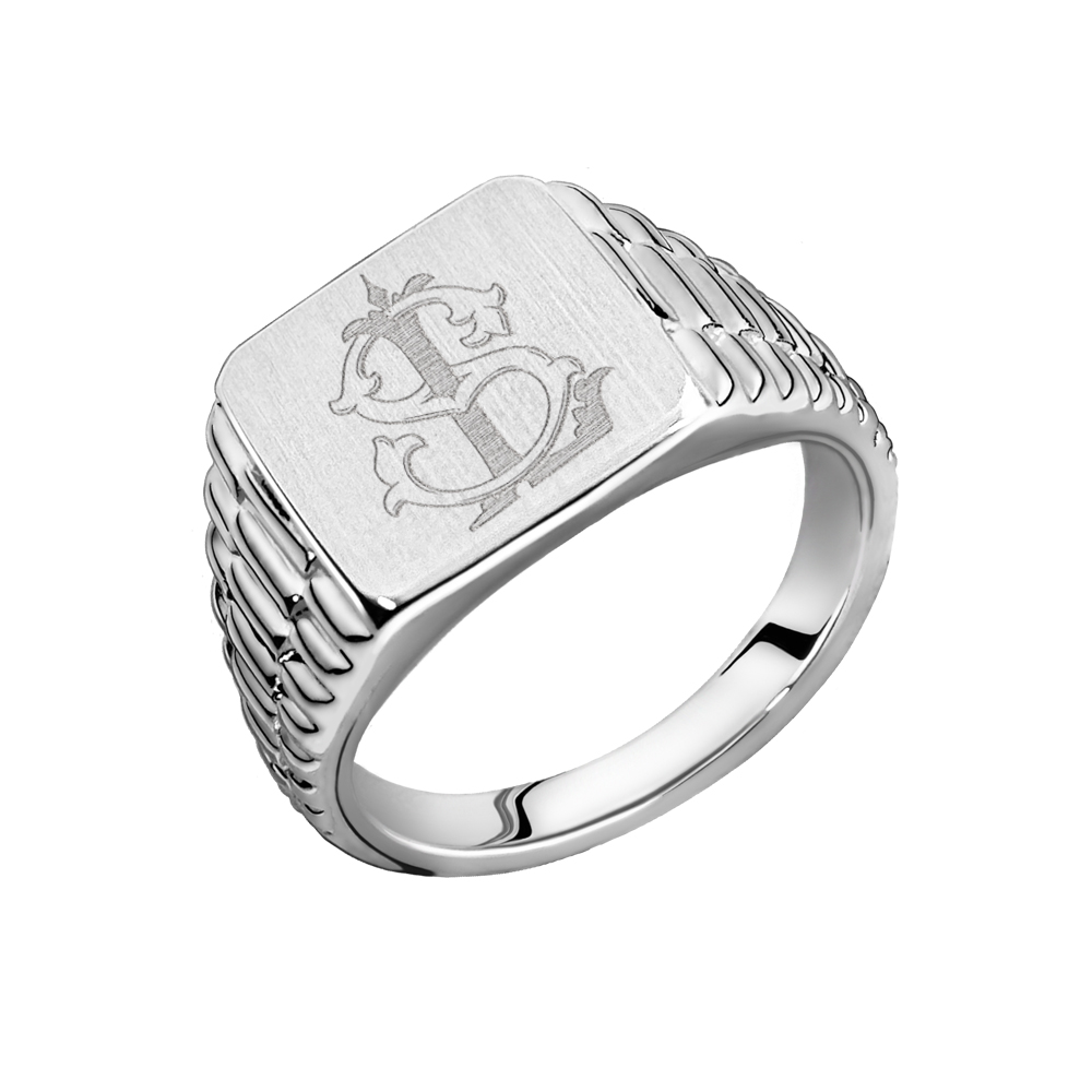 Square Rolex-style silver monogram signet ring