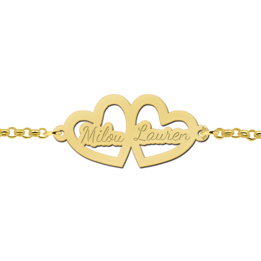 Gold bracelet with two hearts and engraving