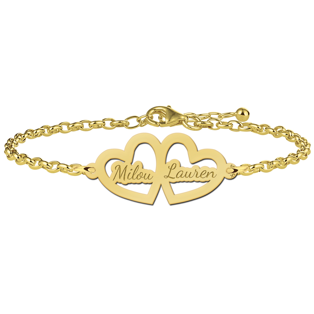 Gold bracelet with two hearts and engraving