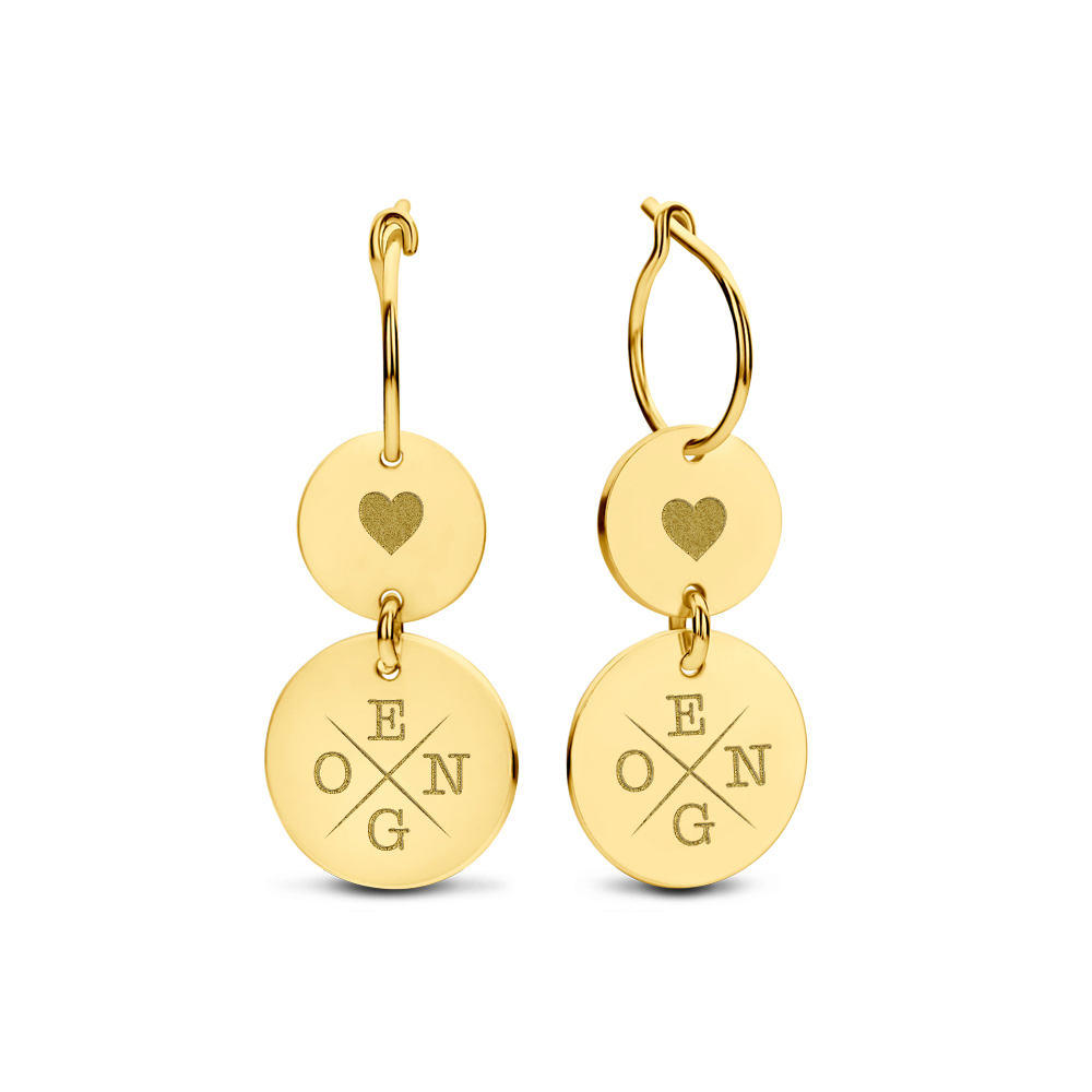 Gold earrings with two round forms and initials